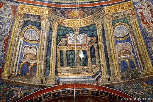 Mosaico paloecristiano simb&oacute;lico con tronos, veneras y un Evangelio