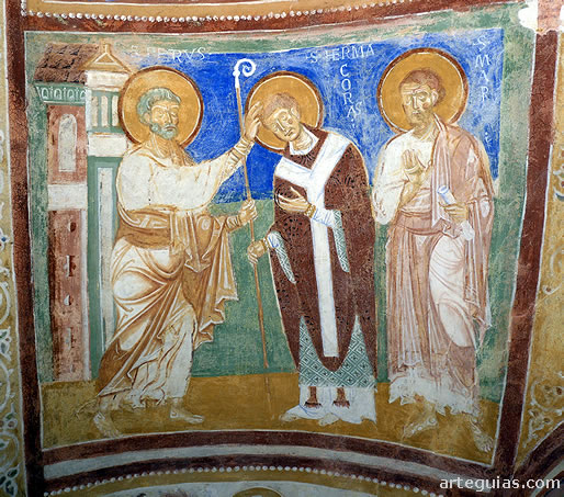 Detalle de las pinturas rom&aacute;nicas de la cripta. Aquilea