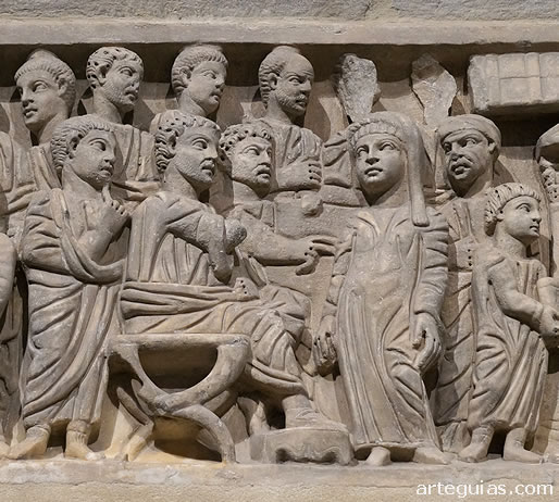 Detalle del sarc&oacute;fago de Susana y los Viejos. Sant Feli de Girona