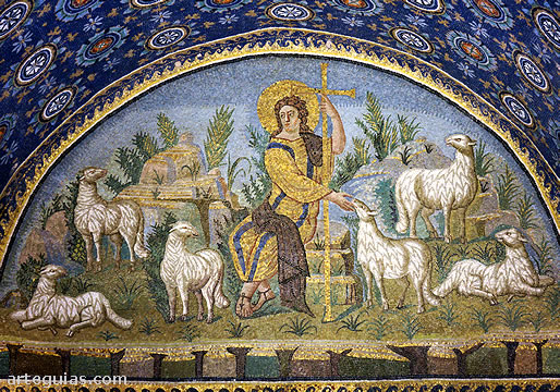 Luneto con el magn&iacute;fico mosaico del Jes&uacute;s, Buen Pastor con sus ovejas