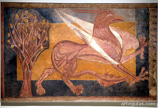 Pintura de la sala capitular del monasterio rom&aacute;nico de San Pedro de Arlanza que representa un grifo delante de un &aacute;rbol