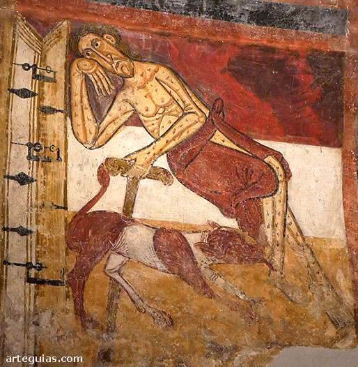 Fresco de Sant Climent de Ta&uuml;ll que representa al pobre L&aacute;zaro, el de la par&aacute;bola de Jes&uacute;s