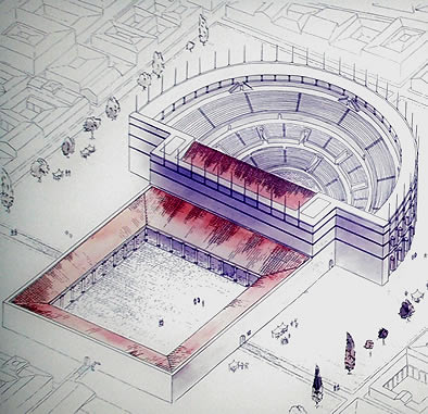 Panel del museo donde se muestra el aspecto del museo con su p&oacute;rtico posterior